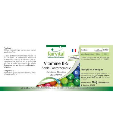 Fairvital | Vitamin B5 pantothenic acid 200mg - 8 months cure - VEGAN - High dosed - 250 tablets - Buy Online on GoSupps.com