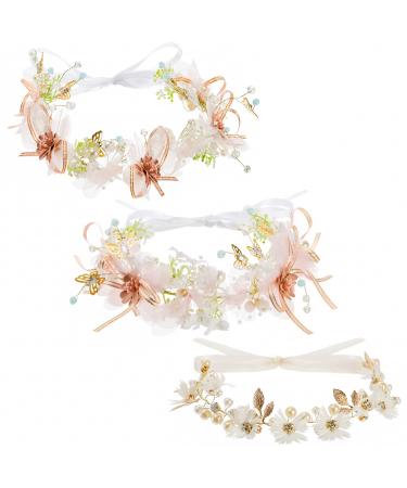 Elsjoy 3 Pack Flower Crowns Bridal Floral Crowns Adjustable Wedding Flower Headband with Ribbon Bridal Headpiece Flower Wreath Halo for Party Festival Photo Prop Wedding Hair Accessories