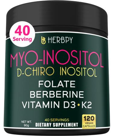 Herbpy 6in1 Premium 40:1 Myo-Inositol & D-Chiro Inositol Supplement for Women with Folate Berberine HCl 97% Vitamin D3 & K2 - Hormonal Balance & Ovarian Health Support- 120 Vegan Capsules