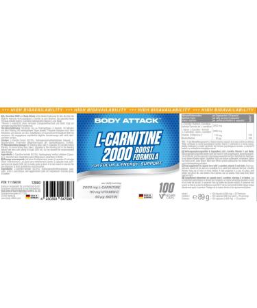 Buy Body Attack L-Carnitine 2000 - High Dose 2000 mg Capsules | 100 Caps Vegan 110 mg Vitamin C & Biotin for Weight Loss and Diet Support - International Shipping Available - Buy Online on GoSupps.com