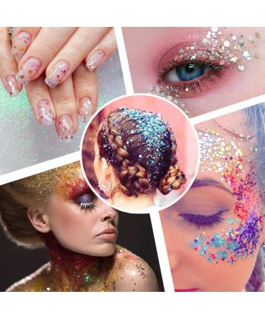 Holographic Chunky Glitter Sequins - 16 Colors Mix for Face, Body, Eyes, Hair, Nails - Festival Makeup with Hexagons & Stars - Buy Online on GoSupps.com