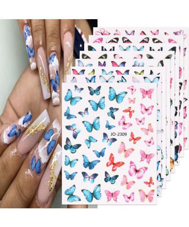 Butterfly Nail Art Stickers 3D Self Adhesive Butterfly Designs Nail Art Decals Pink Blue Colorful Butterflies Wings Designer Nail Stickers for Women Girls Nail Art Decoration 8 Sheets S7
