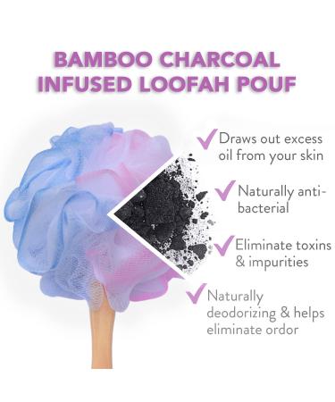 Loofah Back Scrubber - Bamboo Charcoal Fiber Bath Sponge Set for Men & Women - Includes Handle & Hook - Pink - Buy Online on GoSupps.com