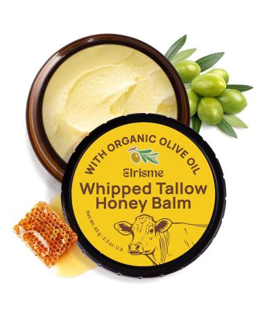Elrisme Grass-Fed Beef Tallow for Skin: Organic Whipped Tallow and Honey Balm - Face Moisturizer & Body Cream - Deep Hydrating & Nourishing - Raw Wild Honey Beeswax & Vitamin E 2.3 Oz