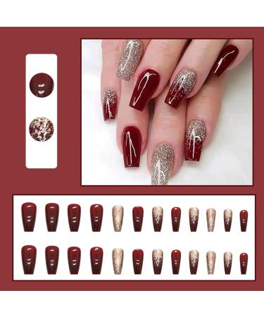 DMQ 24pcs Short Coffin False Nails Red Press on Nails Gold Glitter Fake Nails Acrylic Stick on Nails Removable Glue-on Nails Full Cover with Nail Glue Women Girls Nail Art Accessories Red Gold Glitter - Buy Online on GoSupps.com