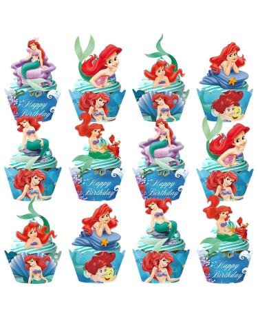 The Little Mermaid Cake Cupcake and Wrappers Paper Decoration Supplies The Little Mermaid Cupcake Topper for Kids Birthday Party (Blcak)