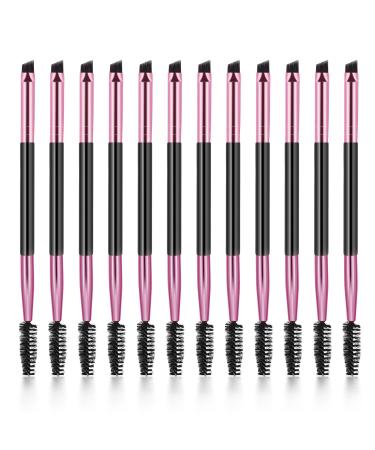 12 Pieces Dual-Ended Brow Brush Eyebrow Brush Angled Eye Brow Brush and Spoolie Brush Shaping & Filling Eyebrows Eyebrow Spoolie Brush Brow Brush for Precise Brow Brushing(Black Handle Pink Tube)