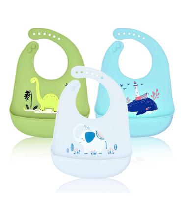 Baogaier Baby Bibs Silicone Toddler Weaning Bib Set of 3 PCS Waterproof Feeding Bib Food Crumb Catcher Pocket for Babies Easy Clean Soft Animal Print Roll Up 6 Months Up Kids Boys Green Blue Grey