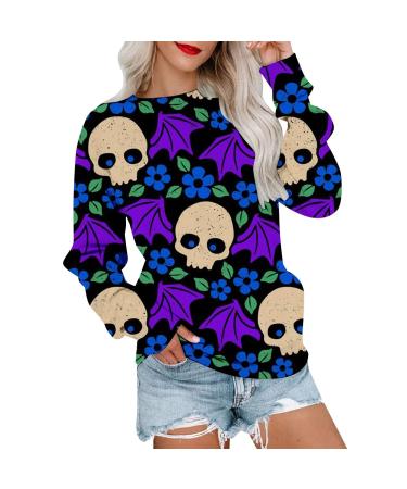 Halloween Costumes Halloween Print Round Neck Casual Sweater Casual Fashion for Women Dark Blue Small