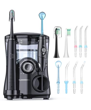 Water Flosser and Toothbrush Combo in One, 600ml Oral Irrigator and Electric Toothbrush with 7 Jet Tips, 2 Brush Heads Whitening Toothbrushes, Dental Water Flosser for Braces, White Black