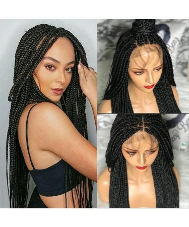 Braided Wigs Long 28 inch Free Part 13x4 Swiss Lace Front Knotless Box Braided Wigs Half Hand Braid Box Wigs with Baby Hair for Black Women Synthetic Lightweight Twist Braids Wigs 420g 28 Inch #Black Color