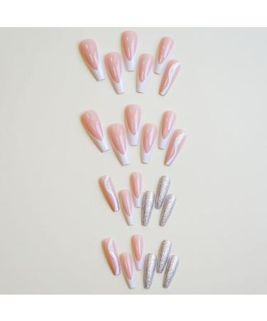 French Tip Press on Nails - Long Fake Nails Press On Nails with Nail Tips Glittering Silver Design Glossy white press on nails Acrylic False Nails Cute Artificial Nails - Buy Online on GoSupps.com