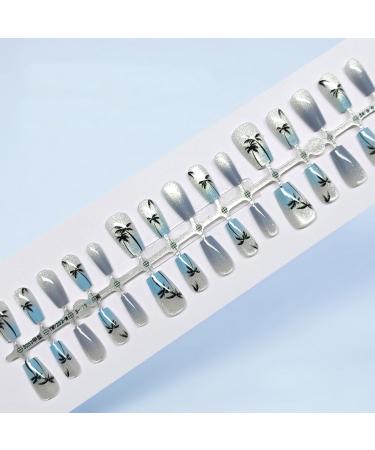Summer Beach Cat Eye Press on Nails 30Pcs Trees Cat Eye False Nails Glossy Blue Gradient Acrylic Fake Nails Gel Glue on Nails for DIY Manicure Stick on Short Coffin Nails for Coquette Women Girls Style 11