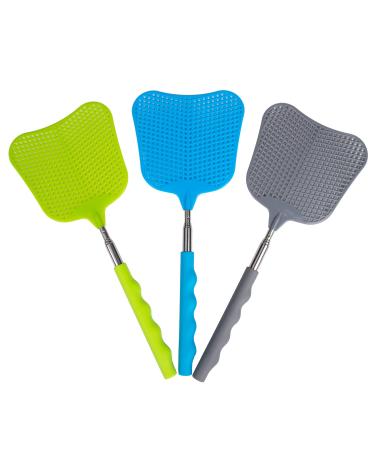 Telescopic Fly Swatters Set of Three, Durable, Heavy Duty Handle and Paddle/Head with Stainless Steel Shaft for Indoor Or Outdoor Use (Blue, Green, Grey)