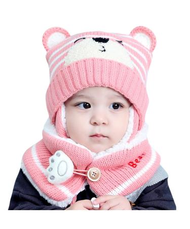 Baby Balaclava Kids Winter Warm Hat Scarf Warm Knitted Hood Hat with Double Pom Pom Design Beanie Caps for Baby Girls Boys Cute Small Bear Winter Hat F-Pink One Size