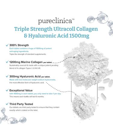 1500mg x 720 tablets. 1200mg of UltraColl Collagen & 300mg of Hyaluronic Acid per tablet. (4 bottles of 180 tablets each - 12 months supply). SKU: UCHL3x4 - Buy Online on GoSupps.com