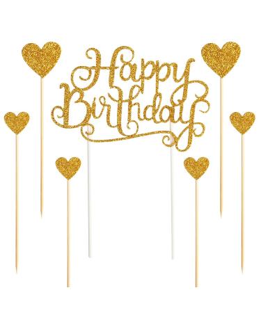 PALASASA Happy Birthday Cake Toppers Gold glitter letters"happy birthday"and love star,Party decor Decorations,Set of 7 (Gold)