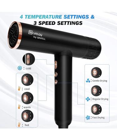 Nicebay Ionic Hair Dryer with Diffuser | 110000RPM Brushless Motor | Fast Drying Lightweight 1600W Hairdryer | Auto-Cleaning | Low Noise | 3 Attachments | Black&Gold - Buy Online on GoSupps.com