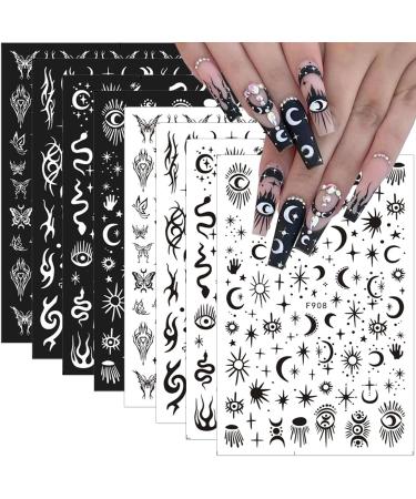10 Sheets Gothic Nail Stickers 3D Self-Adhesive Snake Nail Art Stickers Black White Rose Flower Eye Fishbone Star Moon Design Nail Art Decorations Butterfly Nail Decals for Women Acrylic Nail Supplies W7