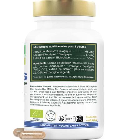 Organic Anti-Stress | Hawthorn Saffron Melissa | Emotional Balance Relaxation Reduces Nervous Tension | 90 Capsules of 423mg | Made in France | Top Quality - Buy Online on GoSupps.com