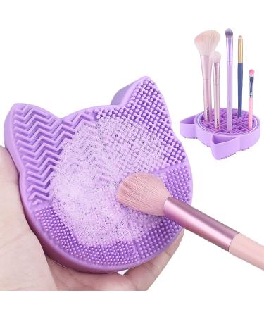2 in 1 Design Makeup Brush Cleaning Mat with Brush Drying Holder, Silicon Cat Shaped Brush Cleaner Pad & Cosmetic Brush Organizer Rack, Portable Washing Tool for Makeup (Purple)