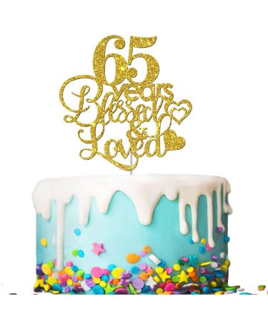 Tenhaisi Gold Glitter 65 Years Blessed & Loved Cake Topper - 65th Birthday / 65th Wedding Anniversary Cake Topper - Happy 65 Birthday - 65th Birthday / 65th Anniversary Party Decoration (65)
