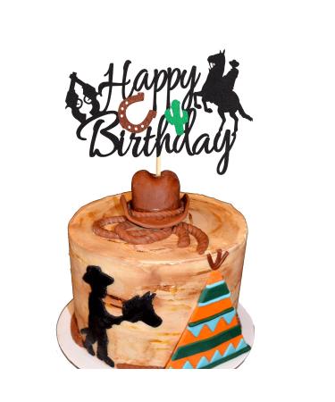 Arthsdite Cowboy Happy Birthday Cake Topper Little Cowboy Cake Topper Boot Shooting Western Theme Cake Decorations Black Glitter Decors for Kids Boy Men Birthday Party Supplies