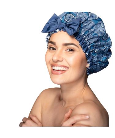KISMETICS - Fashion Shower Cap  Reusable  Fashionably Knotted Bow Design with Ruffle Trim  Waterproof Shower Cap  Light and Soft  Large Size Shower Cap for All Hair Lengths (Blue Circlel)