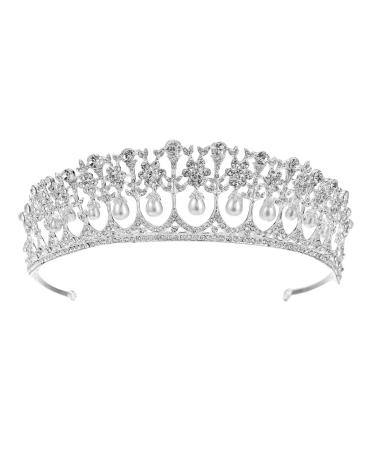 SSNUOY Pearl Wedding Tiara for Women Silver Rhinestone Crown Bridal Princess Hair Accessories