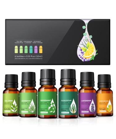 AOSNO Essential Oils 6pc Gift Set Top 6*10 ml Essential Oils for Aromatherapy, Candle Making, Skin, Massage, Hair Care & Diffuser 100% Pure Diffuser Oil Aromatherapy Oils Gift Set for Home Office 0.34 Fl Oz (Pack of 6)