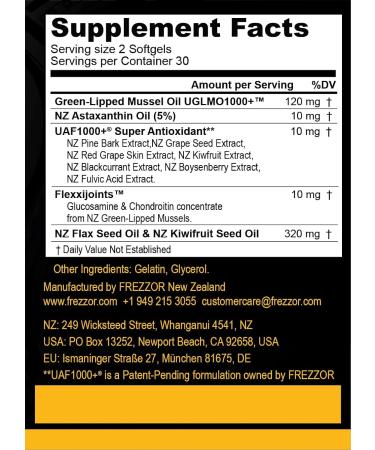 FREZZOR Omega 3 Black for Joint Care & Comfort - New Zealand Green Lipped Mussel Oil Capsules 53x Higher Potency with UAF1000+ Super Antioxidant No Fishy Aftertaste 60 Count (Pack of 2) - Buy Online on GoSupps.com
