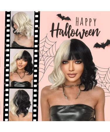 Kellynee Cruella Deville Costume Wig - Black & White Short Curly Bob with Bangs | Heat Resistant Synthetic Hair for Party, Halloween & Cosplay - Buy Online on GoSupps.com
