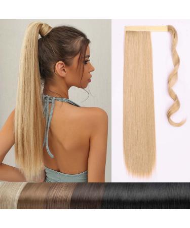 Long straight ponytail extension magic paste ponytail extension wrap around 22 inch synthetic hair part-M24/33# 110 gram 22inch (56cm) -110g dark blonde bleach blonde m24/33#