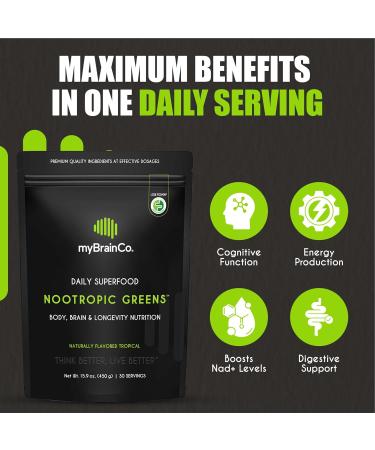 myBrainCo. Nootropic Greens - Premium All-in-One Body, Brain & Longevity Optimization Nutrition. Organic Greens & Superfoods, Alpha-GPC, L-Theanine, Lion s Mane, TMG, NR, NAC & More. (15.9 oz) 15.9 Ounce (Pack of 1) - Buy Online on GoSupps.com