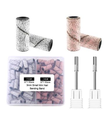 Nail Drill Bit Small Sanding Bands for Nail Drill Corfulra Upgrade Mini Sanding Bands with 2 Mandrel Bits 100Pcs #150#240 Grit Nail File for Acrylic Nails Cuticle Nail Tech Must Haves White & Pink