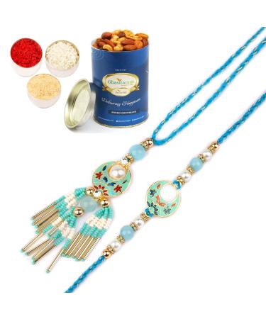 Ghasitaram Gifts Rakhis Online - Rakhi for Brother- RM-211 Bhaiya Bhabhi Rakhi with 100 GMS of Dryfruits Mix Can Rakhi Set with 100 gms of Dryfruits Mix Can