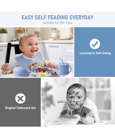 Silicone Baby Weaning Set (10 Pcs) - Adjustable Bib, Suction Bowl, Plate, Fork, Spoon, Cup Kit - Blue - for Babies, Toddlers, Kids - Buy Online on GoSupps.com