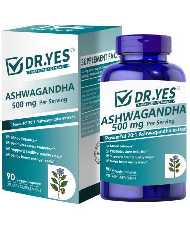 DR.YES Ashwagandha Capsules 500mg with Organic Black Pepper for Maximum Absorption Stress Relief Memory Focus Mood & Sleep Non-GMO Vegan 90 Capsules