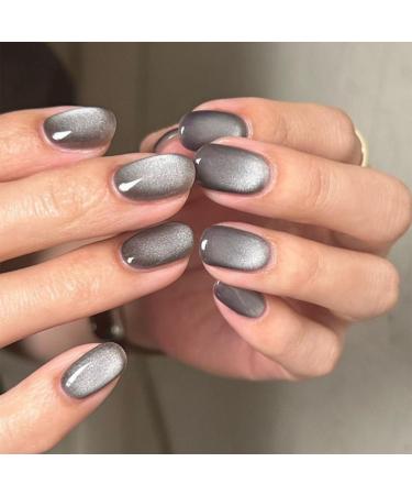 Cat Eye Press on Nails Short Oval Gray Fake Nails Acrylic Glue on Nails with Silver Glitter Designs Nails Press ons for Women Daily Wear 24 Pcs