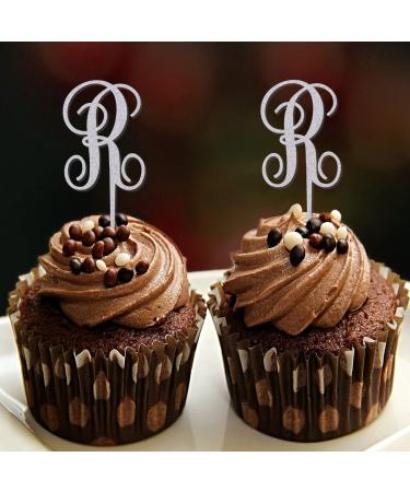 Letter R Wedding Cupcake Toppers Monogram Initial Last Name Glitter Silver For Wedding Bridal Shower Decorations Funny Reusable Floral Wreath Custom Any Initial Bridal Shower Gifts 6PCS Style-4