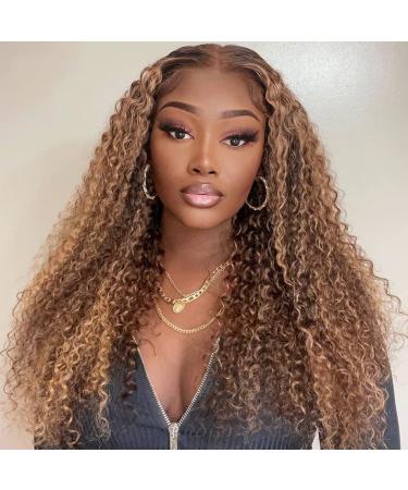 ISEE Hair Ombre Highlight Human Hair Lace Front Wigs 22 Inch Pre Plucked Thick 180% Density Long Colored Ombre 13x4 Brown Kinky Curly Wigs Glueless Soft and Bouncy Human Hair Wig 22 Inch Ombre Highlight