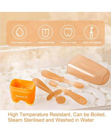 Anyiwi Baby Toothbrush Set - 3 BPA-Free Silicone Brushes for 2-18 Months | First Toothbrush & Tongue Cleaner - Orange - Buy Online on GoSupps.com