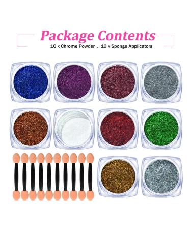 Yagoyan 10 Jars Chrome Nail Powder Kit - Holographic Chameleon Pigments | Nail Art Glitters for Mirror Effect | Eyeshadow Applicators - Buy Online on GoSupps.com