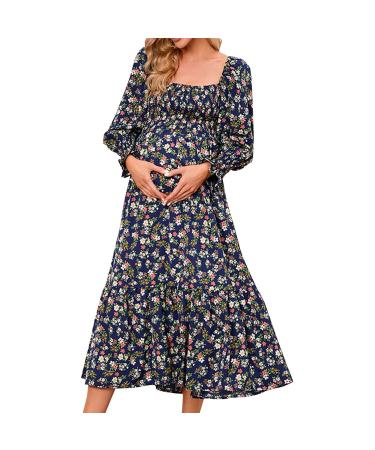 Robe de maternit pour femme - Longue et confortable - Robe d' t fleurs - Manches courtes - Col carr - Robe de maternit l gante - Robe de maternit - Robe d contract e XXL Marine