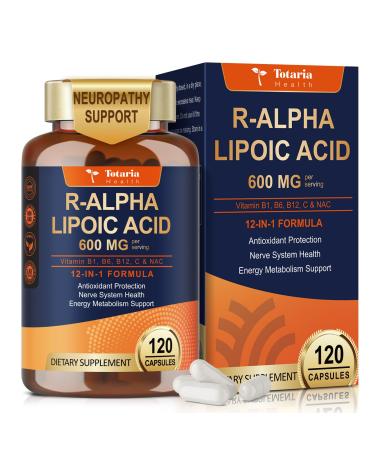 Totaria R Alpha Lipoic Acid 600mg - Stabilized ALA Supplement for Neuropathy Support Capsules Nerve Health Nervous System and Antioxidant Non-GMO Gluten Free Vegan Safe 120 Counts 600MG 120 Count (Pack of 1)