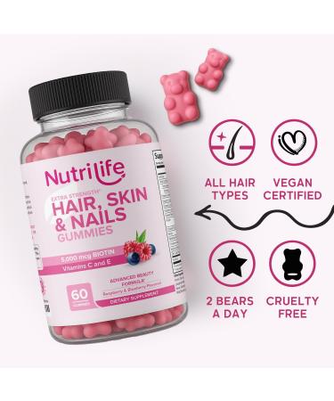 NutriLife Advanced Hair Skin & Nails Gummies Biotin with Vitamin C & E Vegan Beauty Support Promotes Hair Growth Strong Nails & Radiant Skin Non-GMO Gluten-Free Made in USA - Buy Online on GoSupps.com