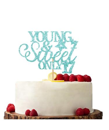 Sky Blue Young & Sweet Only 17 Cake Topper Birthday Party Cake Topper Glitter Cake Decorations for Happy 17th Birthday/Anniversary Party
