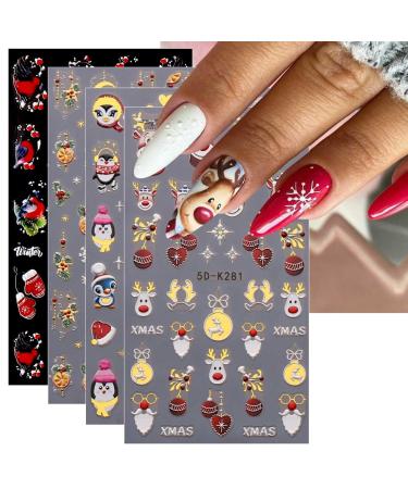 3D Christmas Nail Stickers 4 Sheets 5D Self-Adhesive Embossed Nail Decal Cartoon Elk Nail Art Decoration Design Supplies