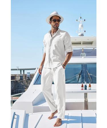 COOFANDY Men's 2 Piece Linen Shirts Set - Summer Beach Outfit, White, X-Large - Buy Online on GoSupps.com