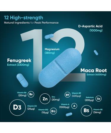 Testosterone Supplements for Men - 180 Vegan Tablets - 3 Months Supply - Energy, Performance & Muscle Growth - With Maca, Fenugreek, Zinc, Magnesium, Vitamin D & D-Aspartic - Buy Online on GoSupps.com